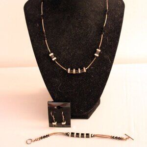 Women's Necklace, Bracelet, and Earring Set - Silver Toned; Black Beads